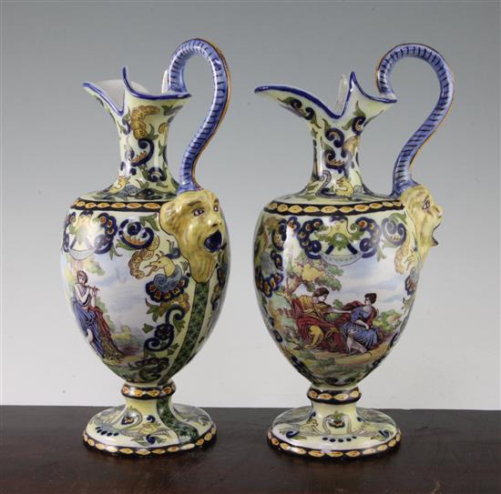 A pair of French faience ewers, late 19th / early 20th century 30cm